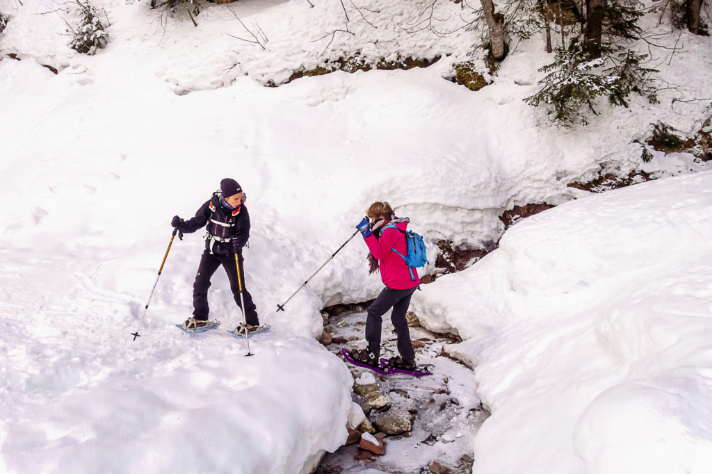 Raquettes 2018_Marie traverse un ruisseau figé par la glace